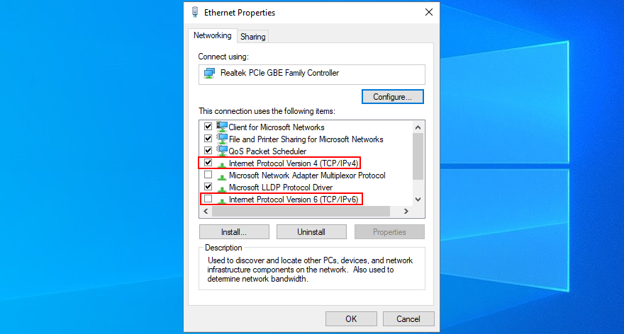 Windows 10 shows how to enable IPv4 and disable IPv6