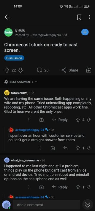 hulu-chromecast-ready-to-cast-issue reports