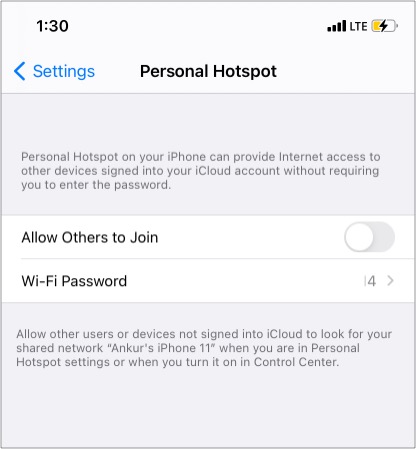 Assicurati che l'hotspot personale sia disattivato