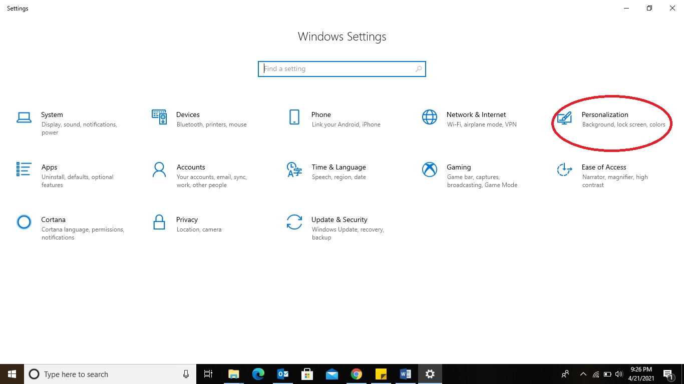 Schermo intero del menu Start di Windows 10