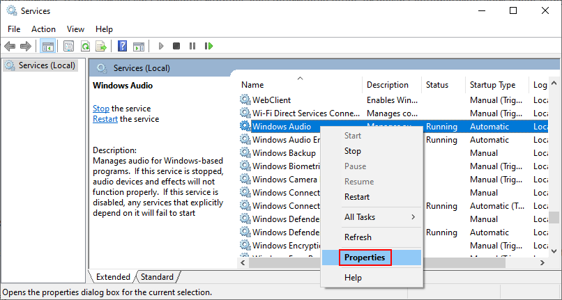 come accedere alle proprietà del servizio Windows Audio