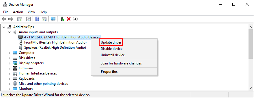 Device Manager shows how to update the audio driver