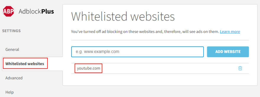 Adblock Plus shows how to add YouTube to the whitelist