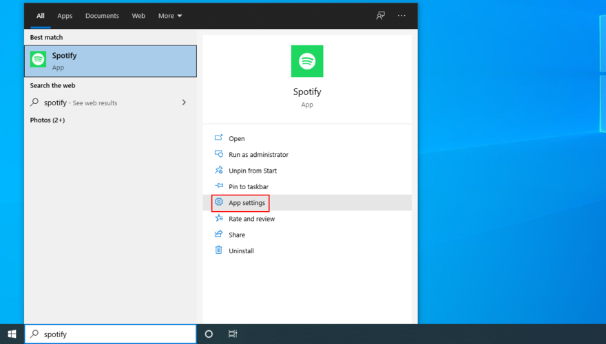 Windows 10 mostra come accedere alle impostazioni dell'app Spotify dal menu Start