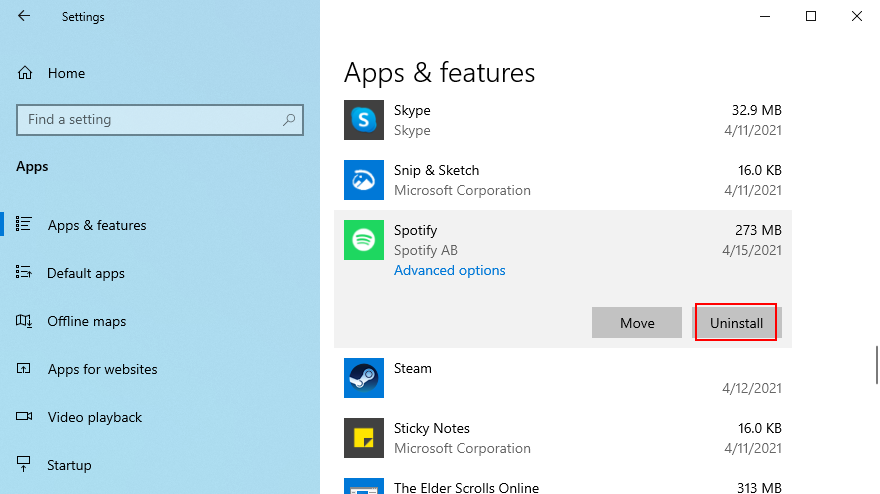 Windows 10 mostra come disinstallare l'app Spotify