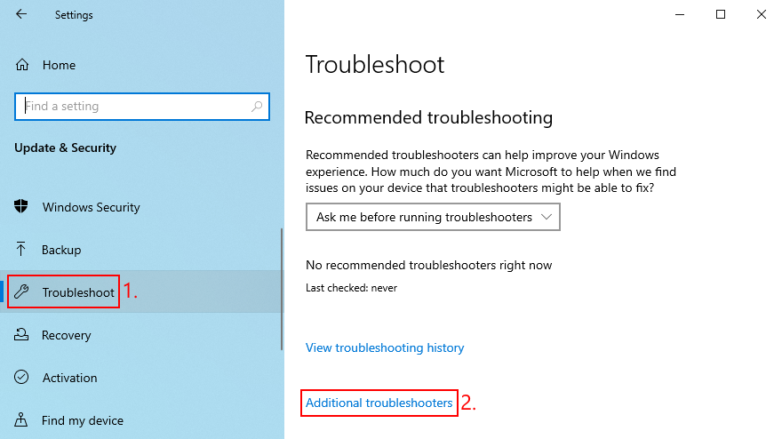 Windows 10 shows how to access additional troubleshooters