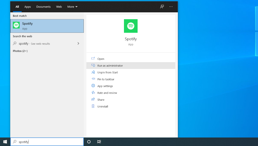 Windows 10 mostra come eseguire Spotify come amministratore