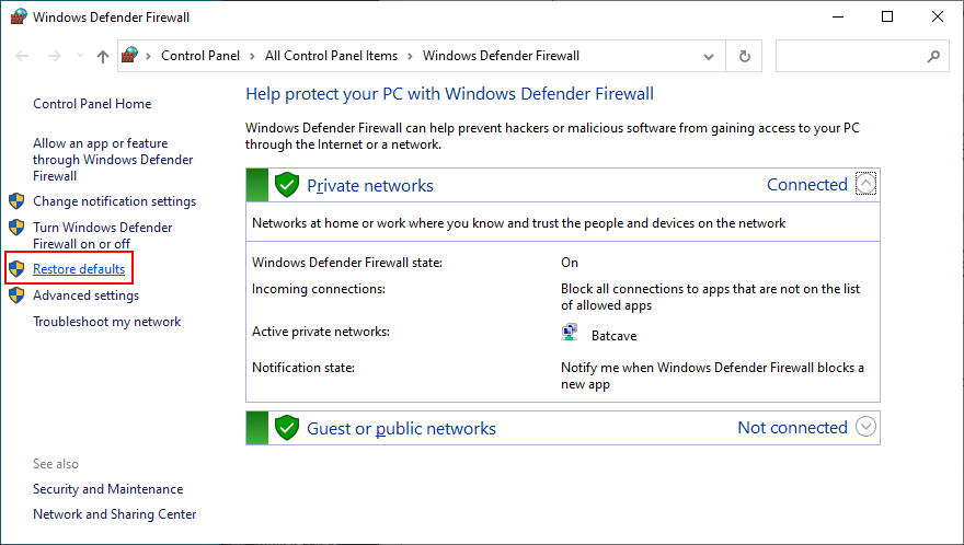 come ripristinare Windows Defender Firewall al valore predefinito