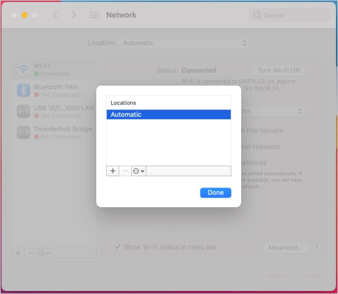 Accanto al menu a discesa Posizione clic dalle impostazioni di rete del Mac