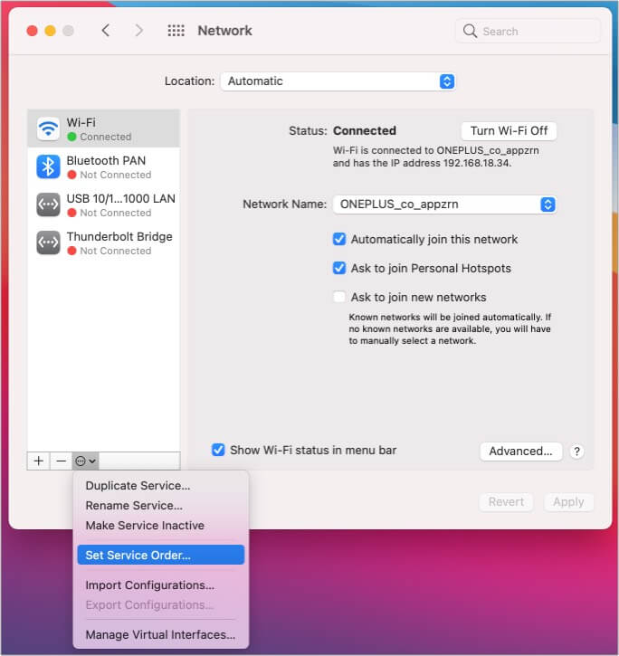 Imposta l'ordine del servizio dalle impostazioni di rete del Mac