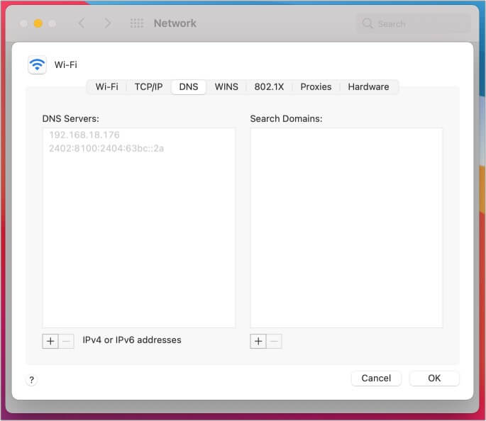 Vai alla scheda DNS dalle impostazioni di rete avanzate su Mac