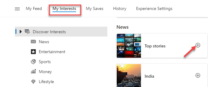 Altre impostazioni Edge My Interests Plus Symbol Next To Interest
