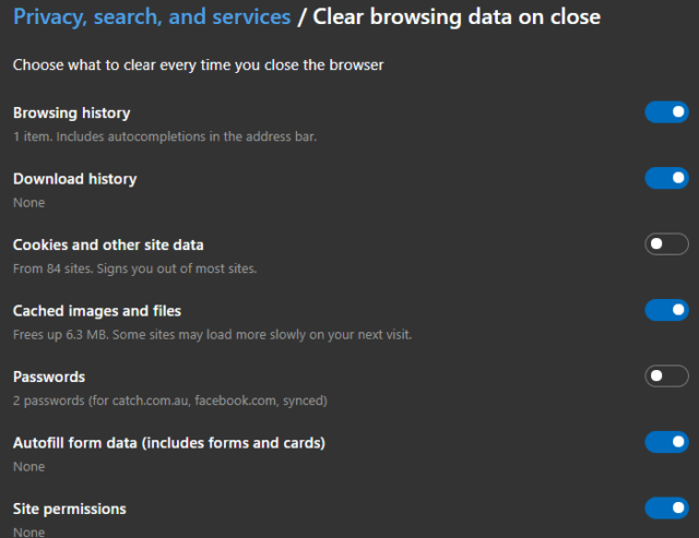 Edge Scegli quali dati cancellare