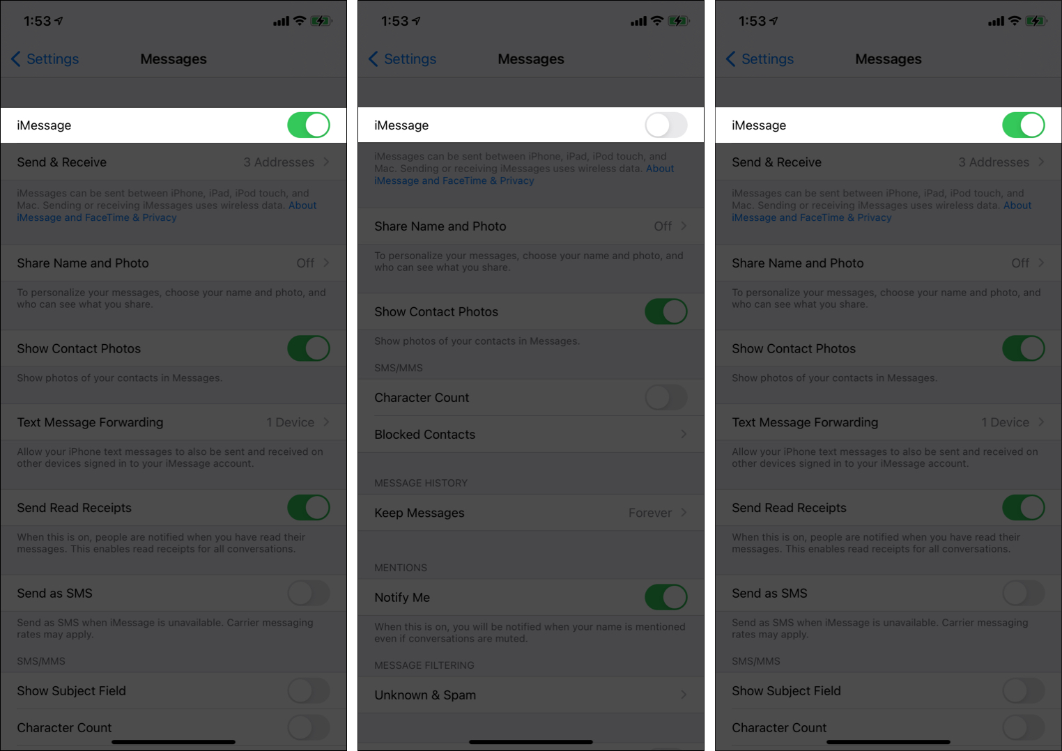 Disabilita e abilita iMessage dall'app Impostazioni