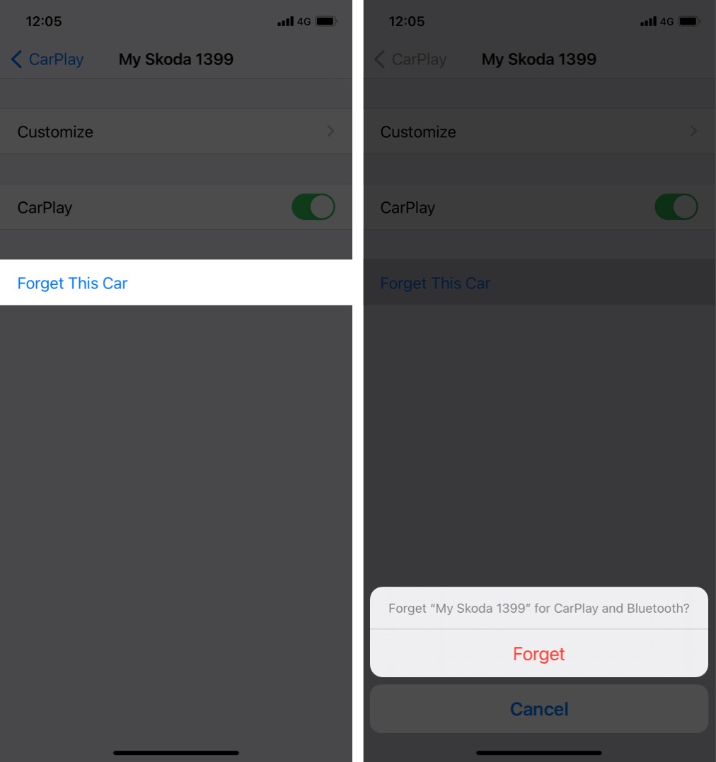 Tocca l'auto che desideri rimuovere e fai clic su Dimentica per confermare su iPhone