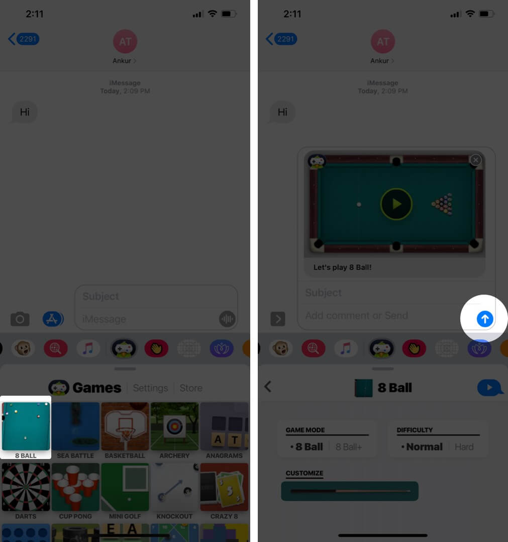 Seleziona gioco e tocca Invia nell'app Messaggi su iPhone