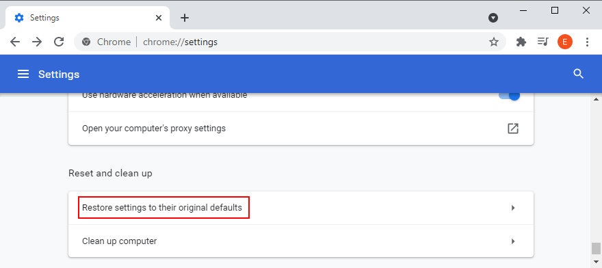 Google Chrome mostra come accedere all'opzione per il ripristino impostazioni del browser predefinite