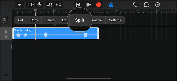 Tocca Dividi per tagliare parte della nota vocale nell'app GarageBand su iPhone