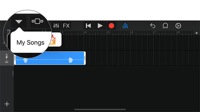 Tocca l'icona freccia giù e tocca I miei brani nell'app GarageBand