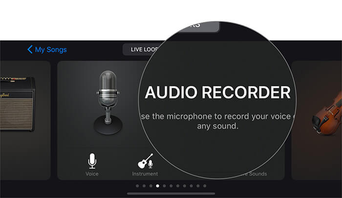 Tocca Registratore audio per registrare la voce nell'app GarageBand su iPhone