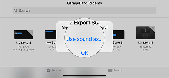 Scegli Usa suono come in GarageBand Recents su iPhone
