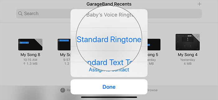 Seleziona la suoneria standard in GarageBand Recents per trasformare un memo vocale in suoneria