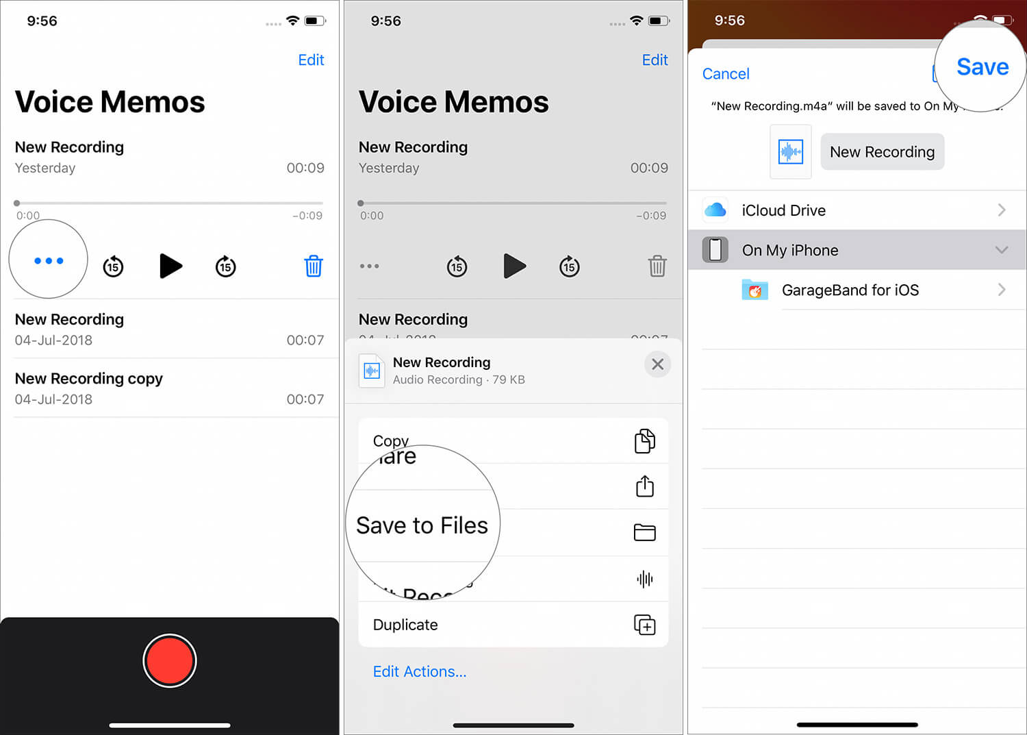 Tocca tre punti e salva i file nell'app memo vocali su iPhone