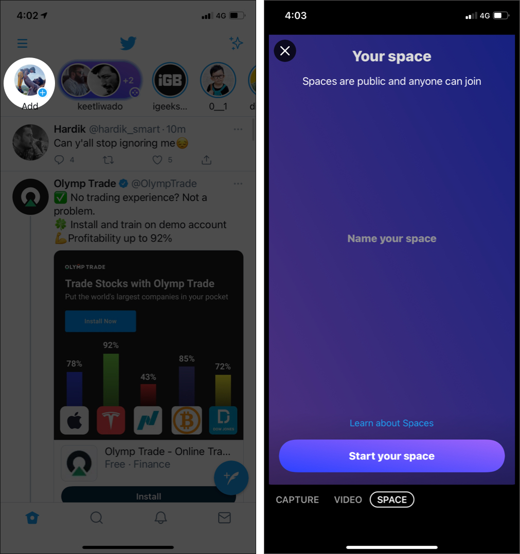 Avvia lo spazio Twitter dalla sezione Flotte
