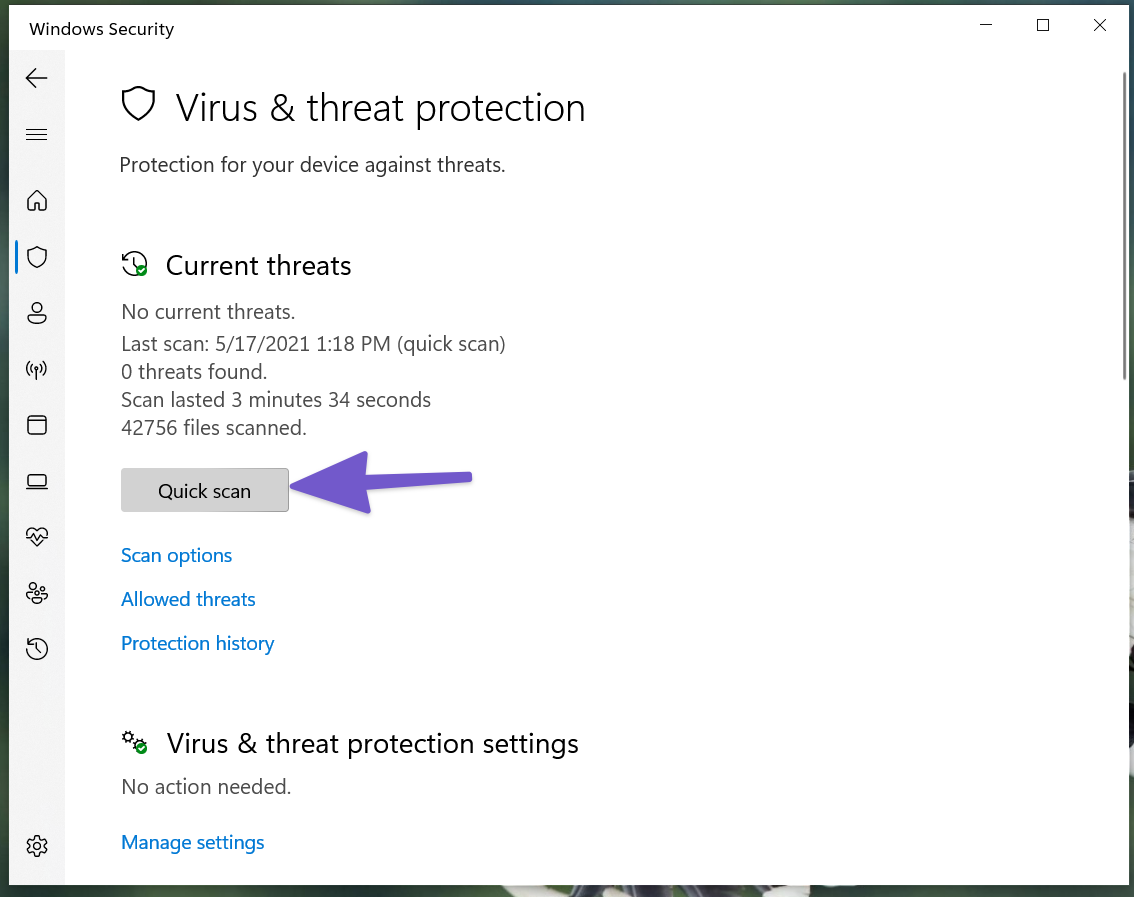 Scansione rapida in Windows 10