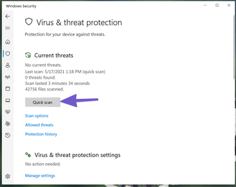 Scansione rapida in Windows 10