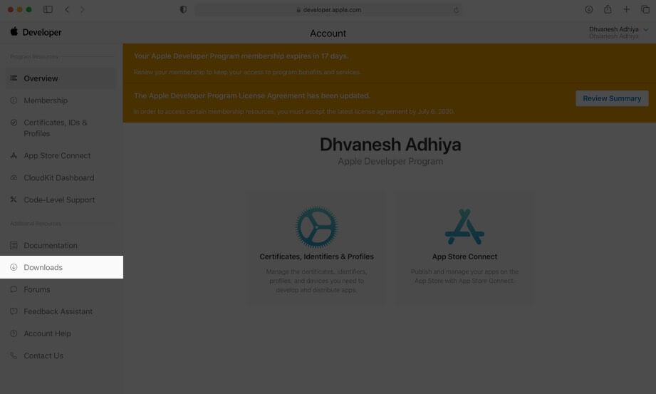 click on downloads from left sidebar in developer account on mac