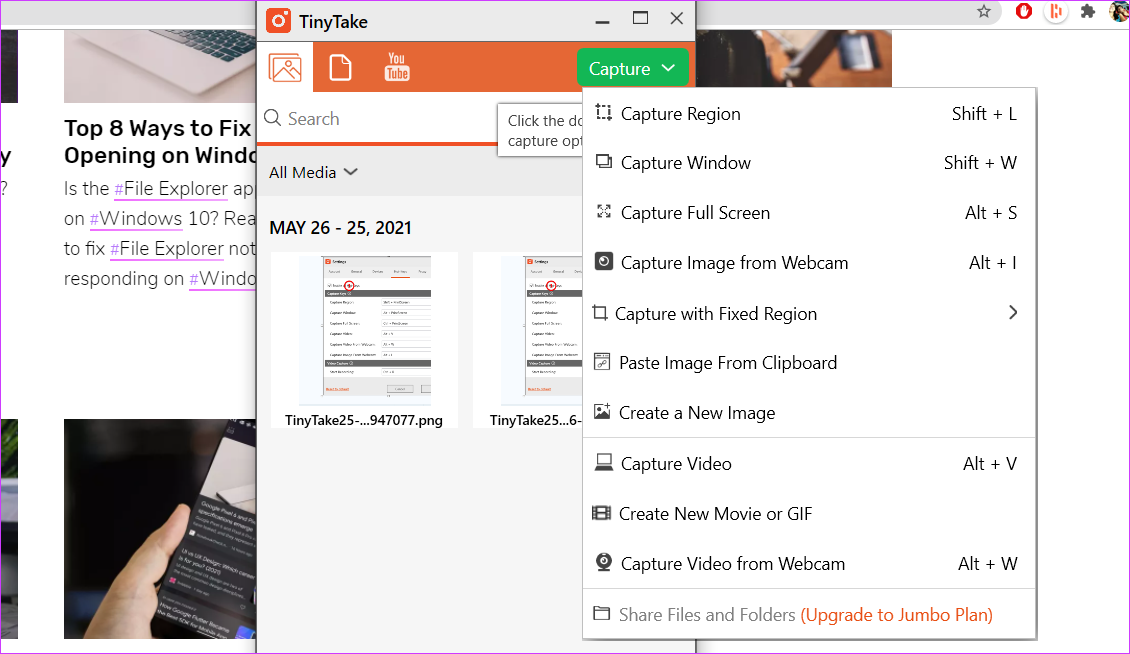 Miglior software di cattura dello schermo per Windows 10 tinytake2
