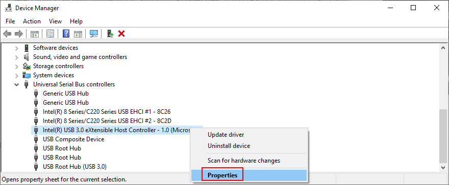 Windows mostra come accedere alle proprietà del dispositivo controller USB