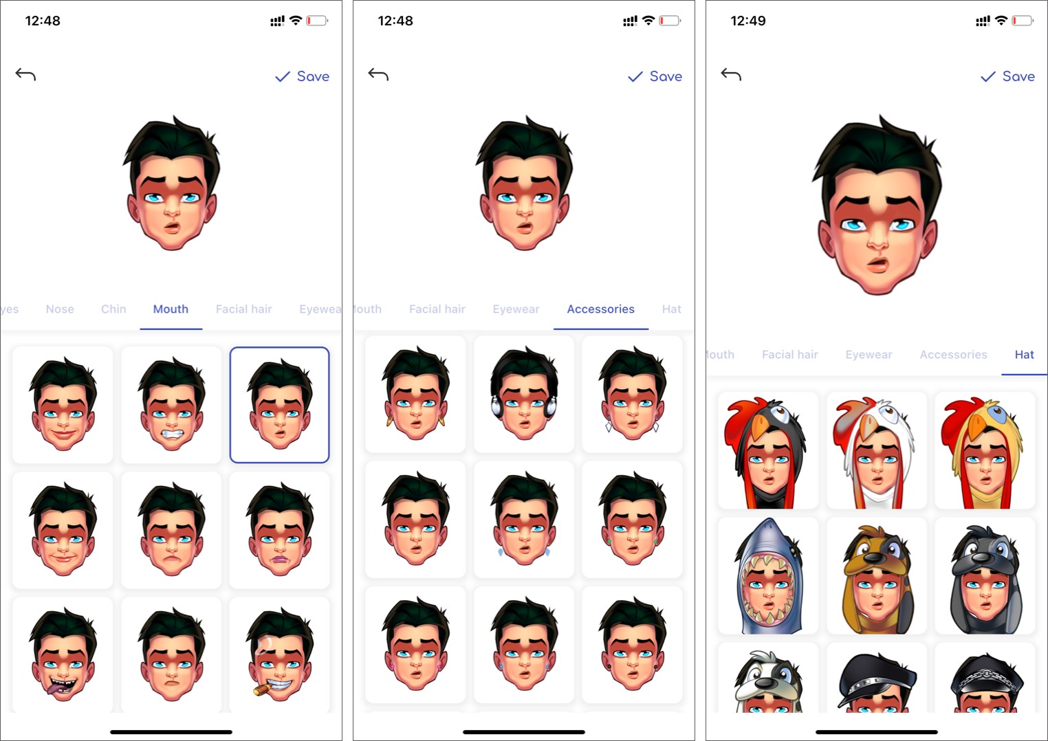 Opzioni di personalizzazione per creare un avatar nell'app Liquid Avatar per iOS