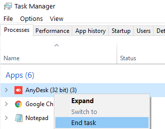 Termina attività Anydesk Min