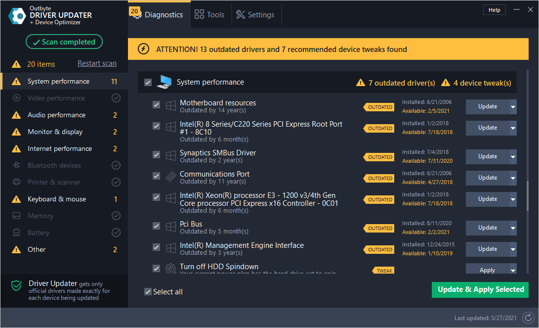 The interface of Outbyte Driver Updater