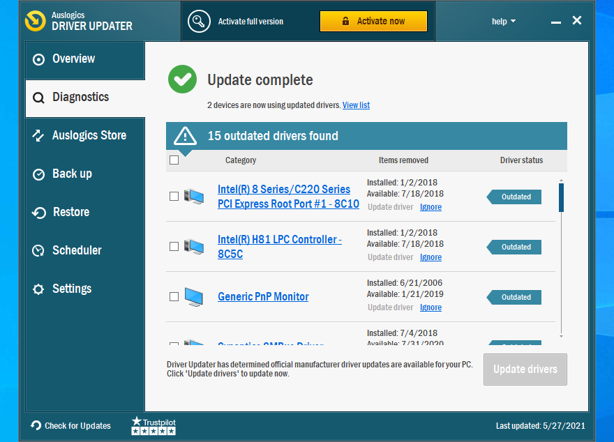 The interface of Auslogics Driver Updater