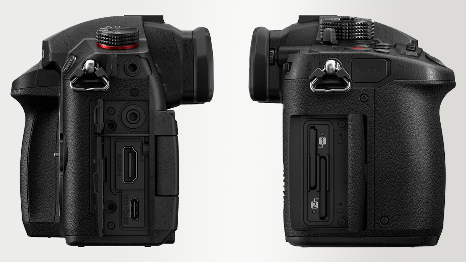 Viste laterali sinistra e destra della fotocamera mirrorless Panasonic Lumix GH5 Mark II