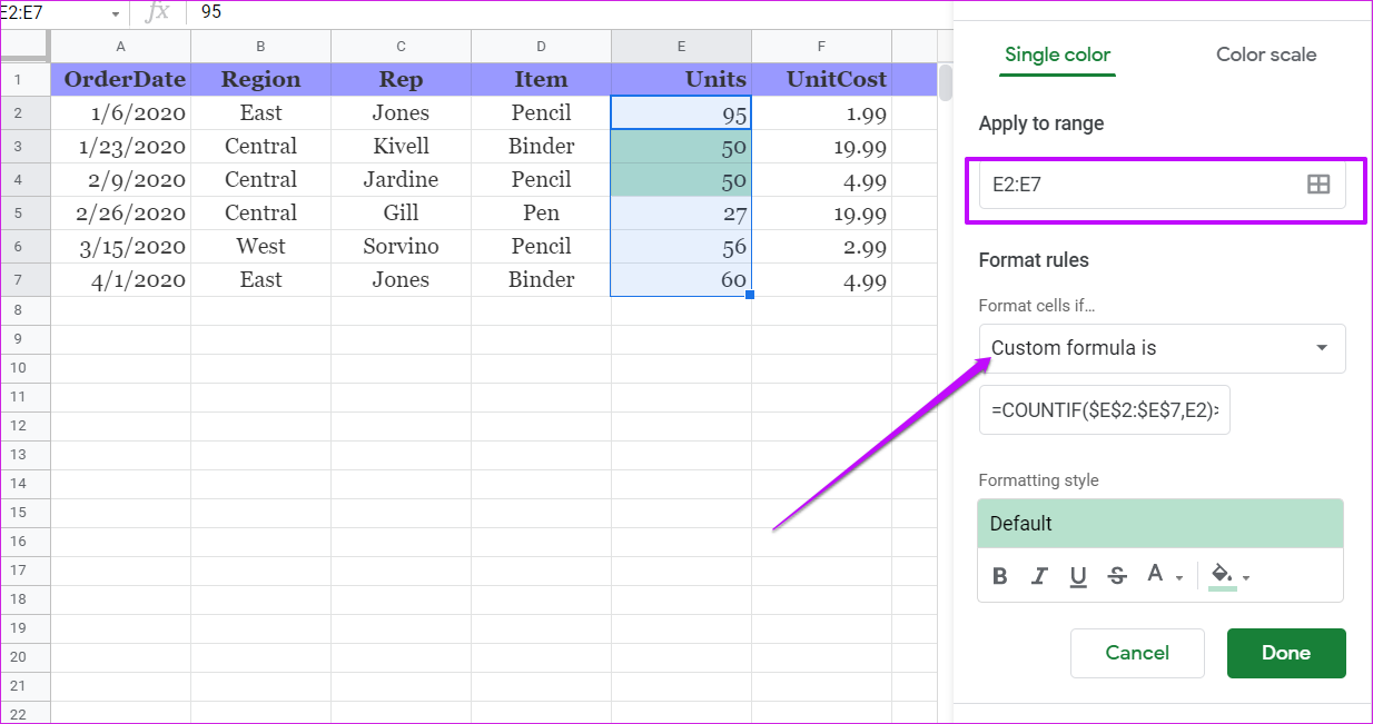 Guida all'utilizzo della formattazione condizionale in Fogli Google 7