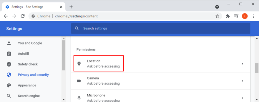 Google Chrome shows how to access location permissions
