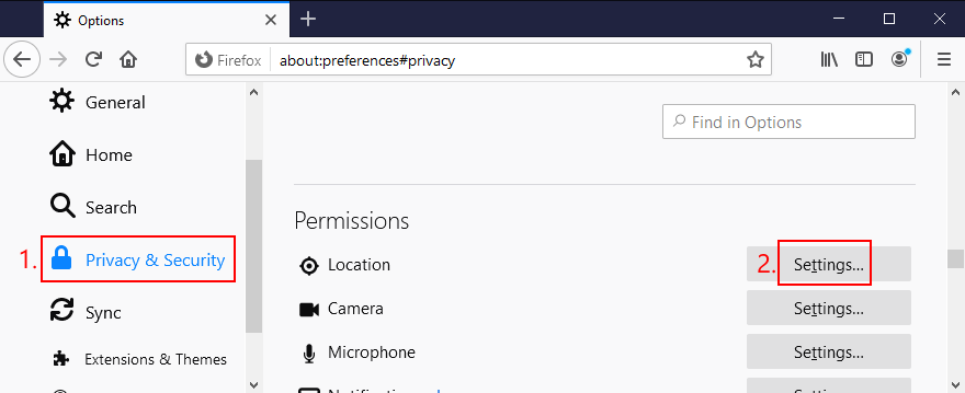 Mozilla Firefox shows how to access location settings