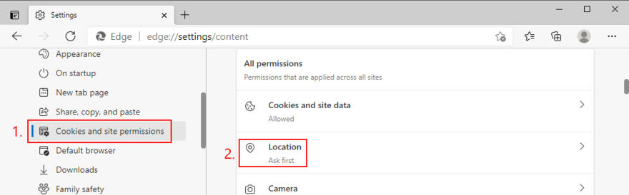Microsoft Edge shows how to access location settings