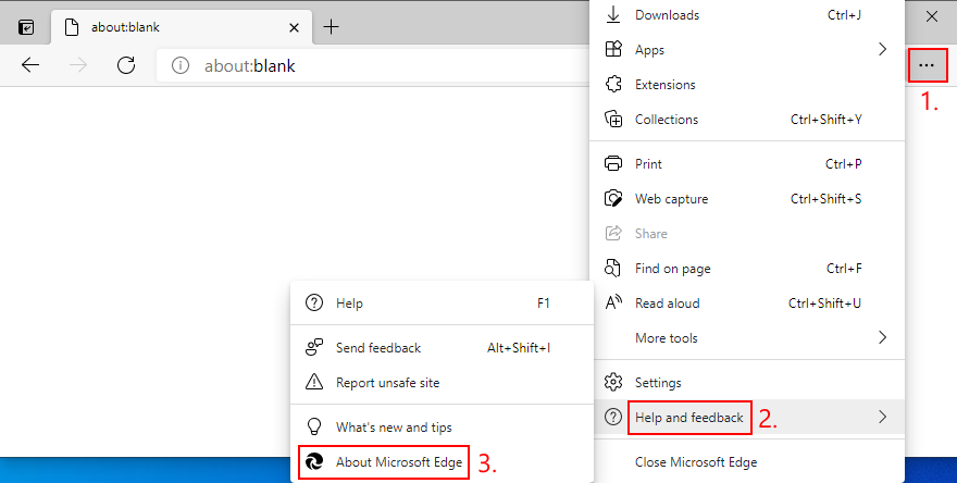 Microsoft Edge mostra come accedere a Informazioni su Microsoft Edge dal menu Guida e feedback