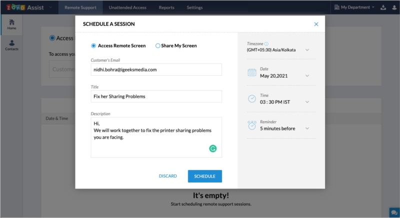 Pianifica sessioni di supporto in Zoho Assist