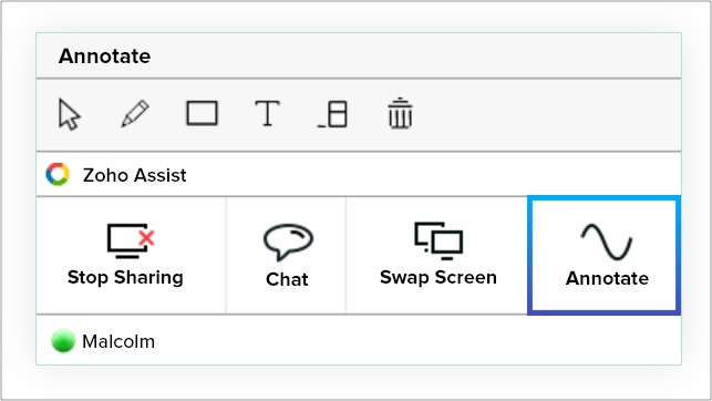 Strumenti di annotazione durante la condivisione dello schermo in Zoho Assist