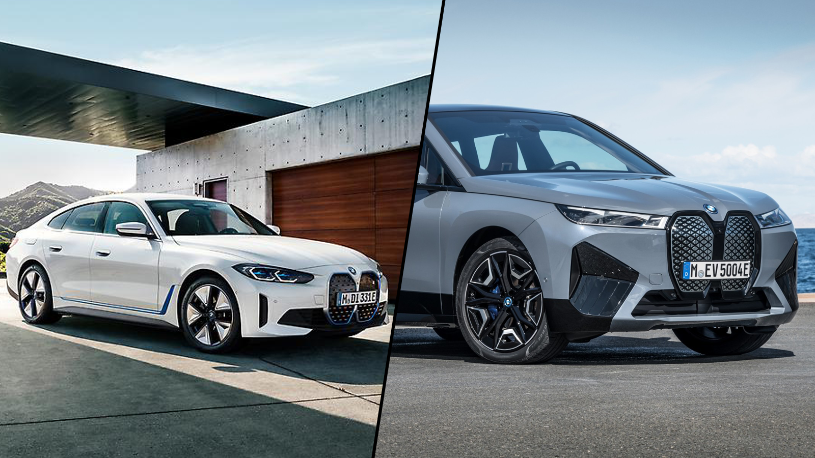 BMW i4 e BMW iX parcheggiate all'esterno in un ambiente industriale