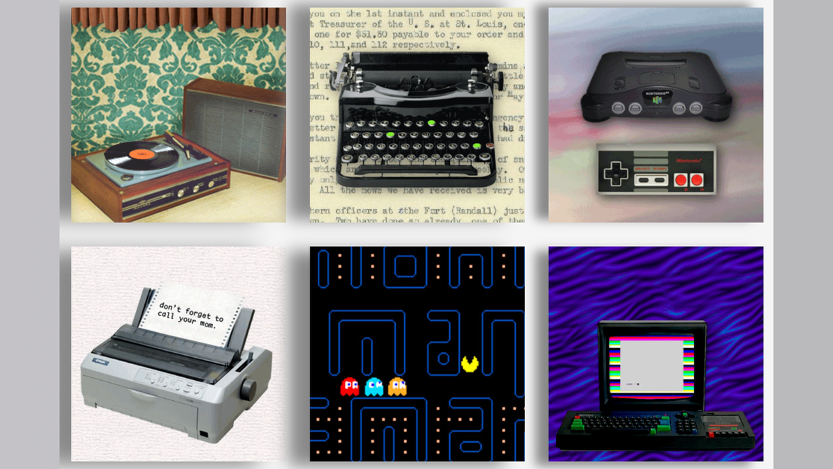 Immagini di giradischi, macchina da scrivere, console Nintendo, Pac-Man e altre tecnologie vintage