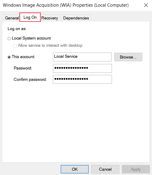 Scheda di accesso per l'acquisizione di immagini di Windows