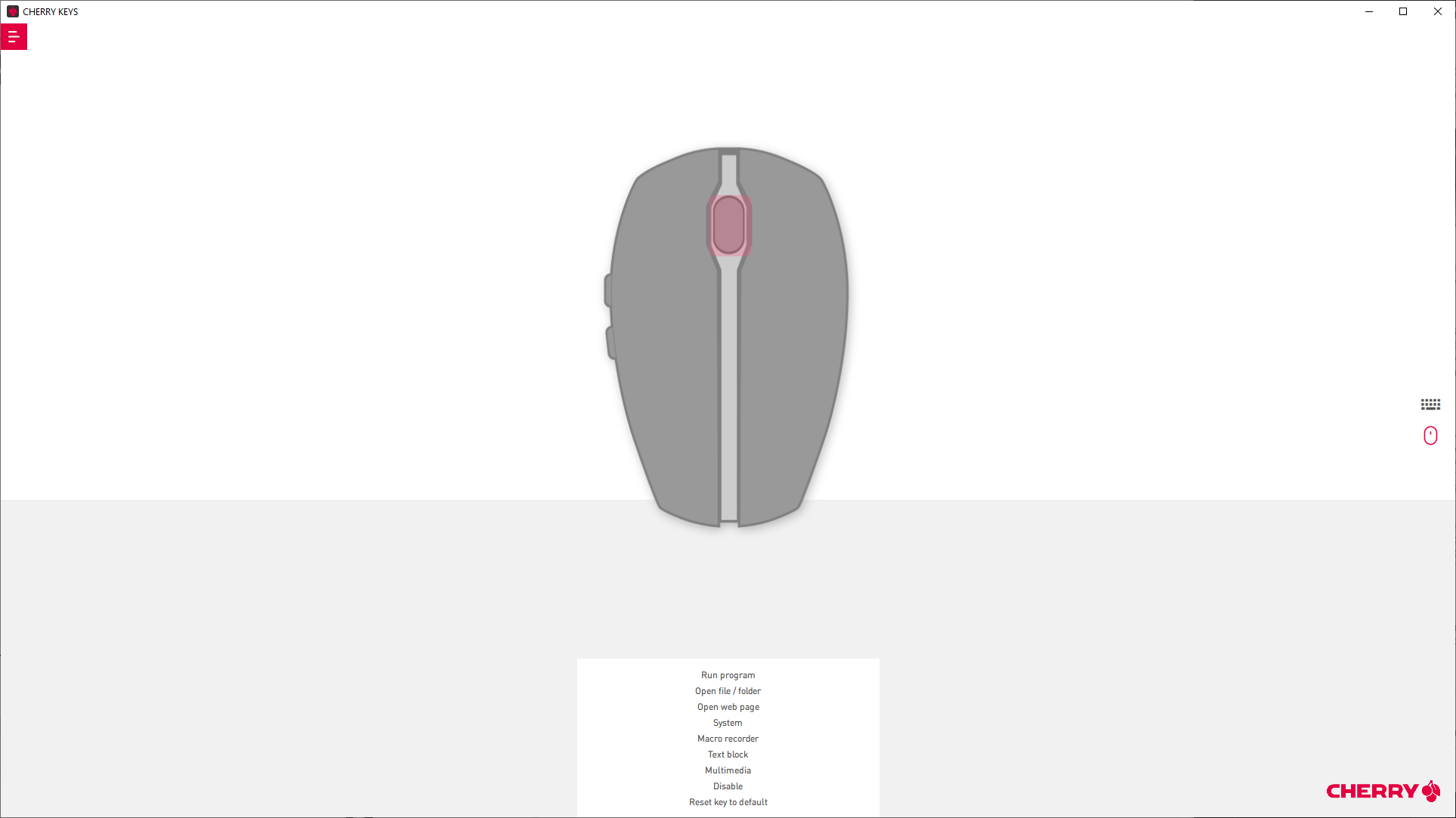 Visualizzazione del software Cherry Keys l'opzione per riprogrammare i pulsanti del mouse Gentix