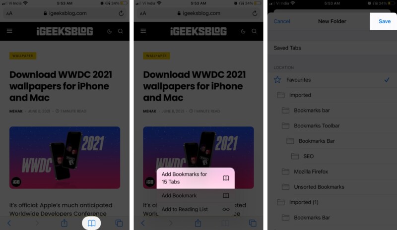 Aggiungi tutte le schede Safari ai segnalibri in iOS 14:iPadOS 14 o versioni precedenti